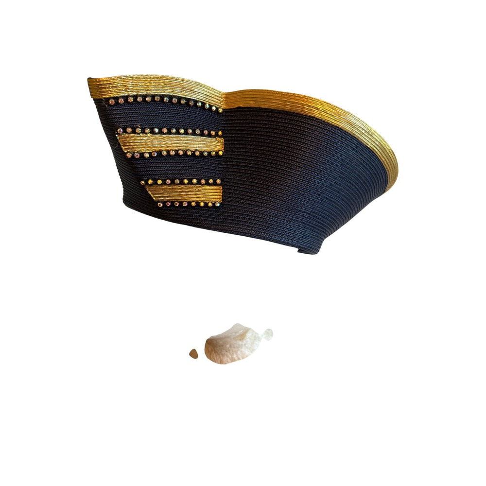 Mr. Hi's Classic Pillbox Hat Navy Gold Rhinestone Vintage Church Dress Headpiece
